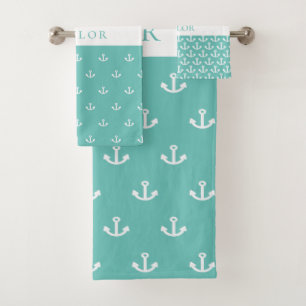Light teal green anchor white nautical monogram bath towel set