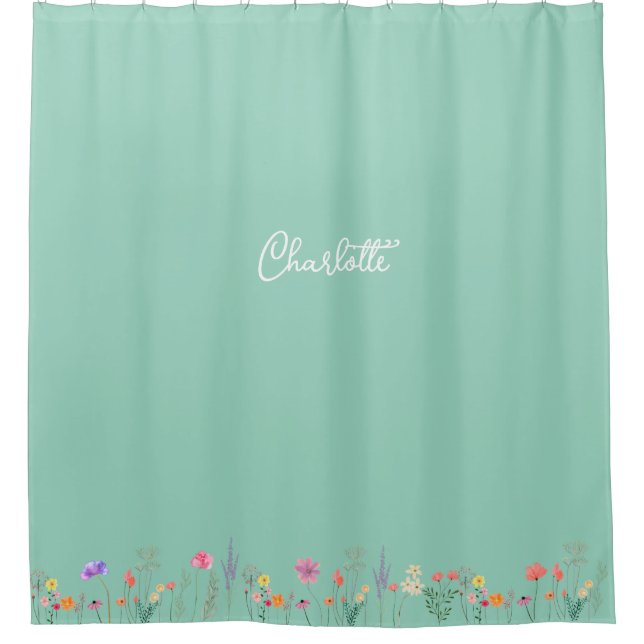 Light teal green Wildflower greenery watercolor   Shower Curtain (Front)