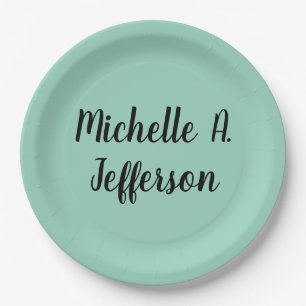 Light Teal Handwriting Creative Trendy Name Paper Plates