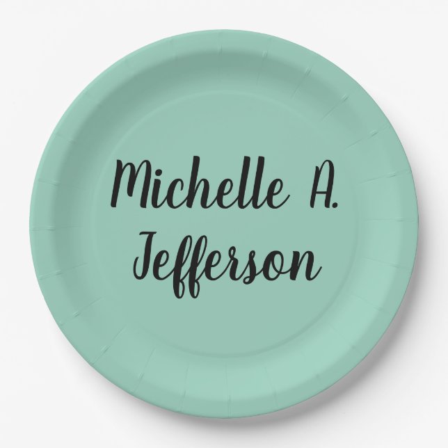 Light Teal Handwriting Creative Trendy Name Paper Plates (Front)