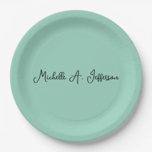 Light Teal Handwriting Creative Trendy Name Paper Plates