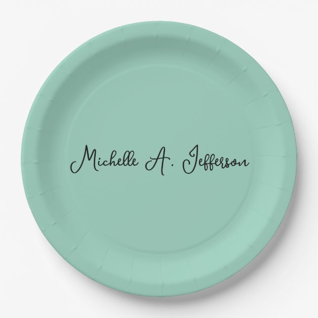 Light Teal Handwriting Creative Trendy Name Paper Plates (Front)