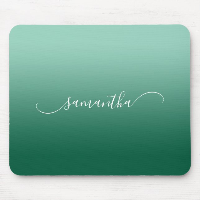Light Teal Hunter Green Ombre Curved Swash Name Mouse Pad (Front)