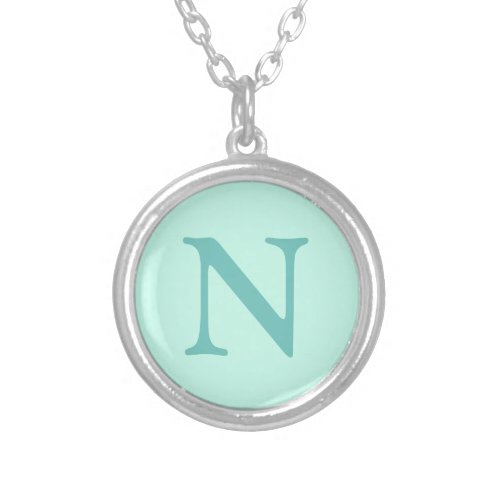 Light Teal Initial Letter Trendy Pastel Mint Blue  Silver Plated Necklace