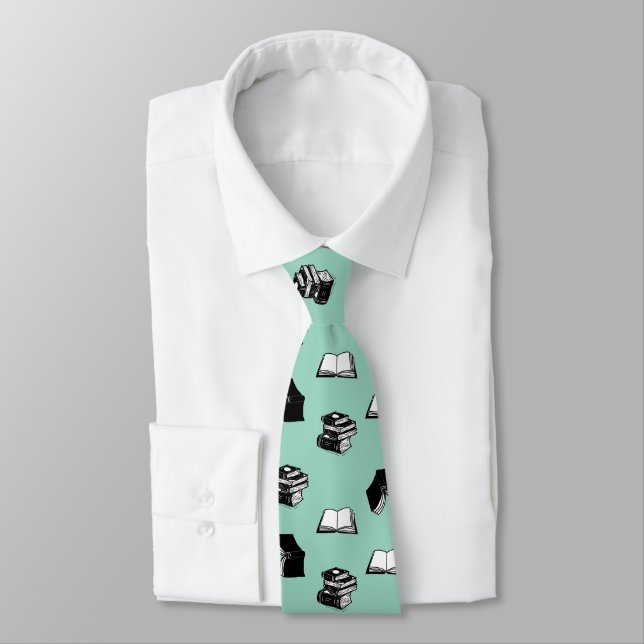 Light Teal Modern Bookish Bibliophile Book Pattern Neck Tie (Tied)
