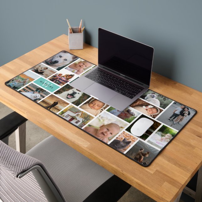 Light Teal Monogram 22 Photo Collage Desk Mat (Office 2)