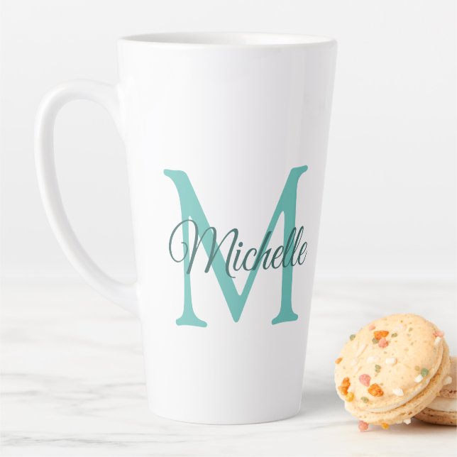 Light Teal Monogram Initial Customizable Large Latte Mug (In Situ)