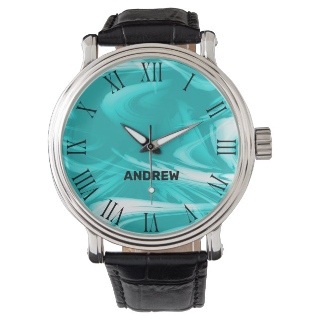 Light Teal Ocean Waves Cool Marbled Custom Name Watch (Front)