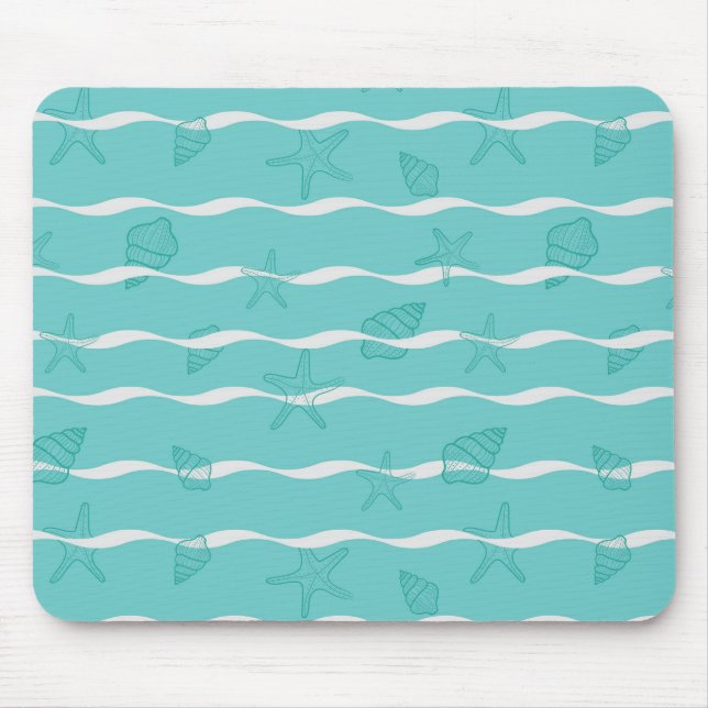 Light Teal Ocean Waves & Seashells Seamless Patter Mouse Pad (Front)