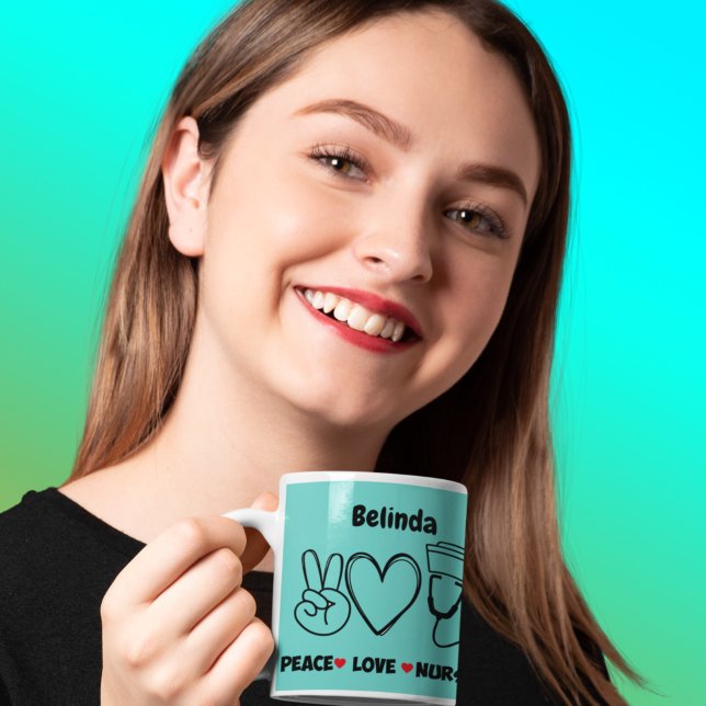 Light Teal Peace Love Nursing Appreciation Coffee Mug (Creator Uploaded)