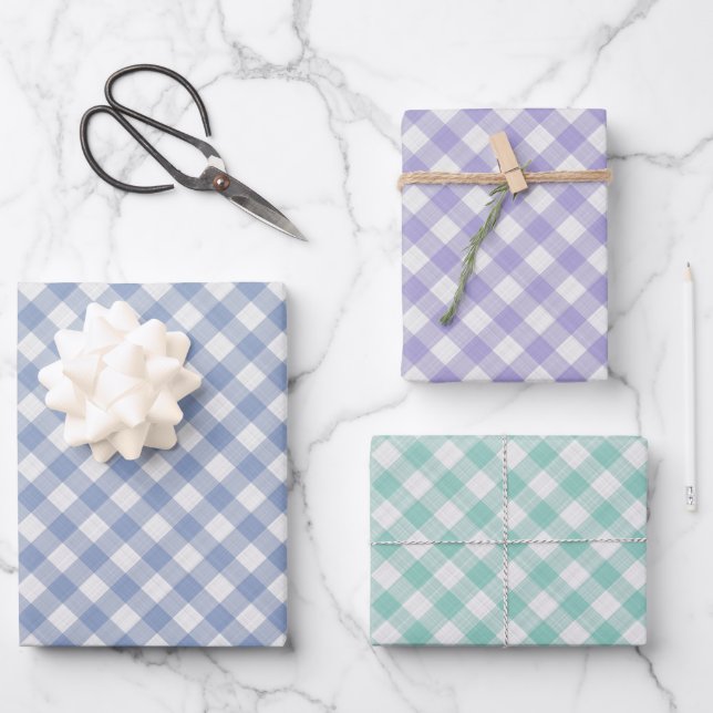 Light Teal Periwinkle Violet Blue Gingham Wrapping Paper Sheets (Front)