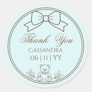 Light teal Personalized Teddy Bear Bow Classic Round Sticker