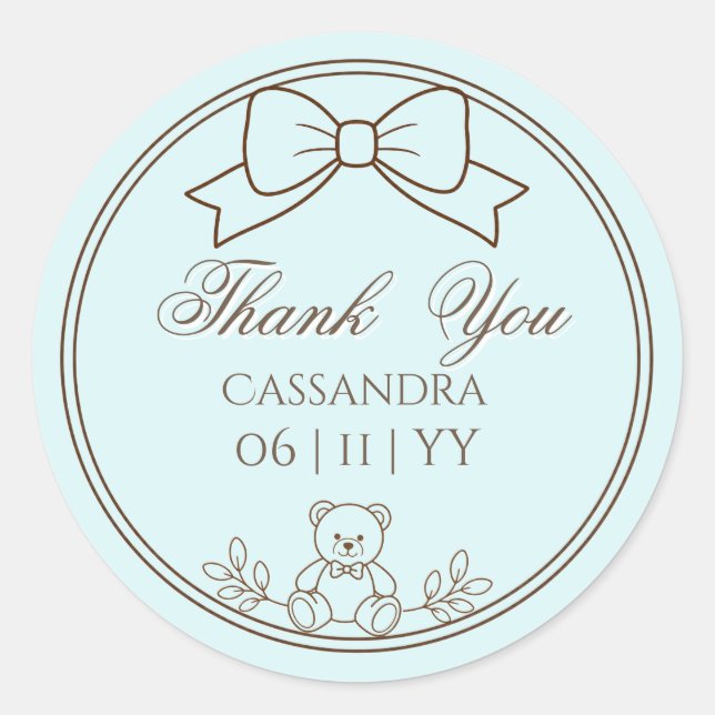 Light teal Personalized Teddy Bear Bow Classic Round Sticker (Front)