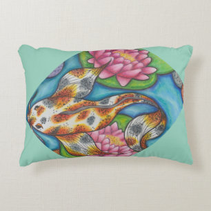 Light Teal Pillow With Koi Fish and Lotus Art