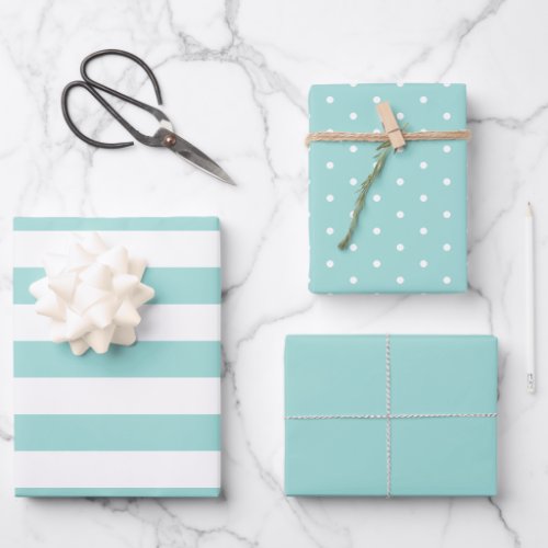Light Teal Polka Dot Wide Striped and Solid Wrapping Paper Sheets