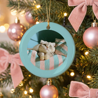 Light Teal Round Photo Border Personalized Ceramic Ornament