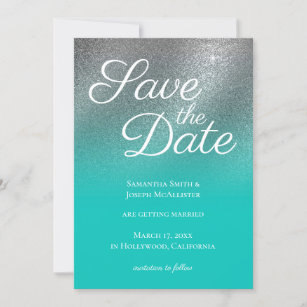 Lux Teal Blue White Wedding Save the Date Card with PRINTED