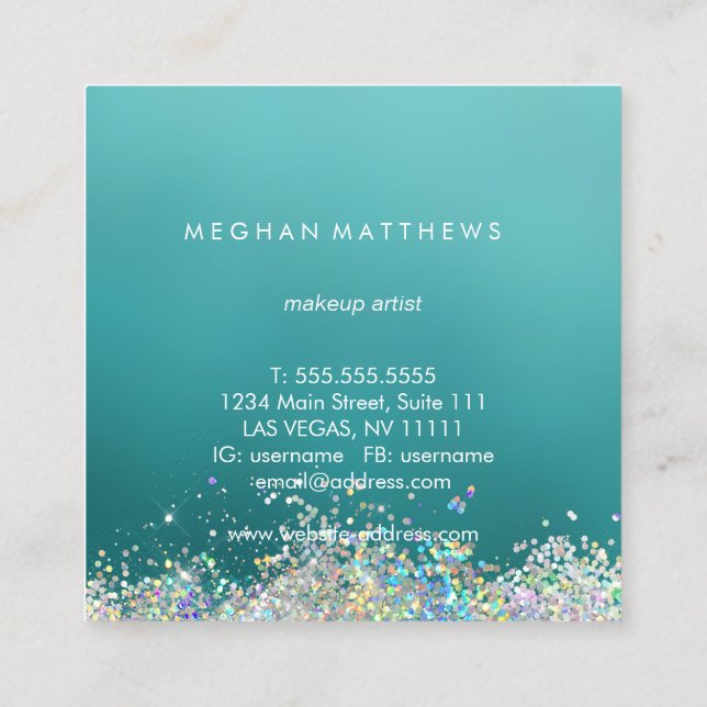 Light Teal Silver Pretty Sparkles Makeup Artist Square Business Card (Back)