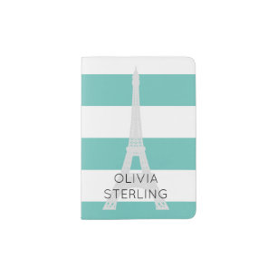 Light Teal Stripes Eiffel Tower Custom Name Passport Holder