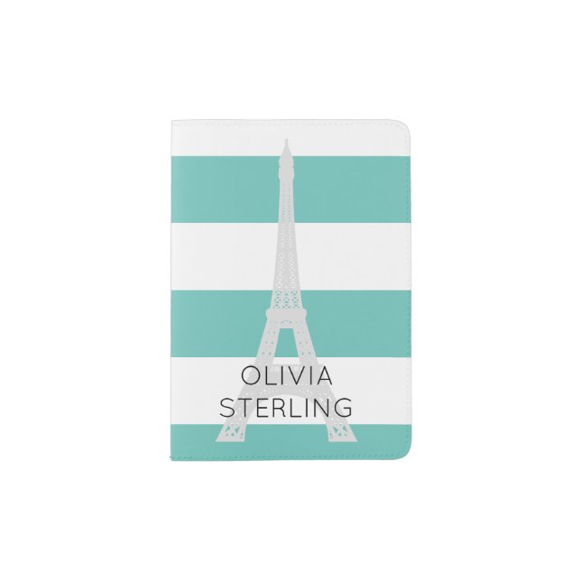 Light Teal Stripes Eiffel Tower | Custom Name Passport Holder (Front)