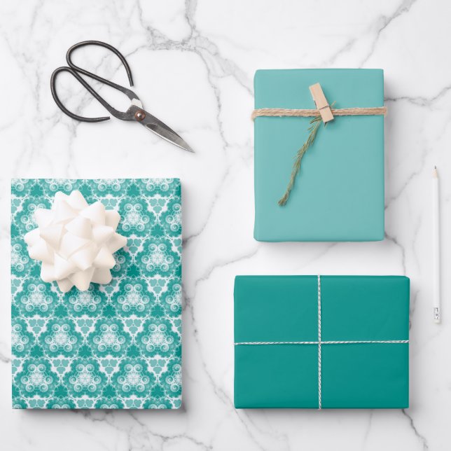 Light Teal Swirl Pattern w/Solids Wrapping Paper Sheets (Front)
