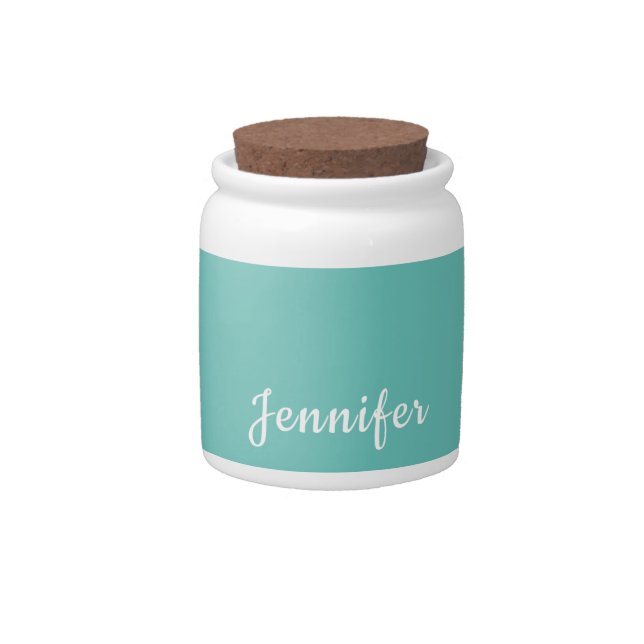 Light Teal Trendy Modern Minimalist Chic Name Candy Jar (Front)