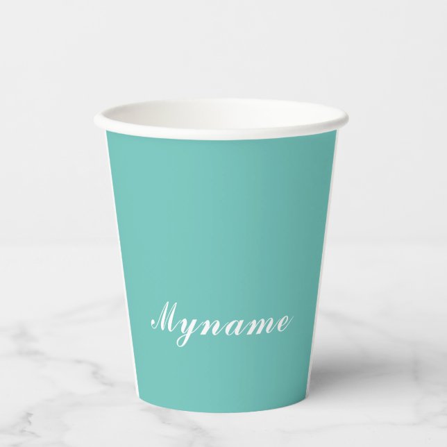 Light Teal Trendy Modern Minimalist Chic Name Paper Cups (Front)