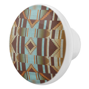 Light Teal Turquoise Blue Orange Brown Tribal Art Ceramic Knob