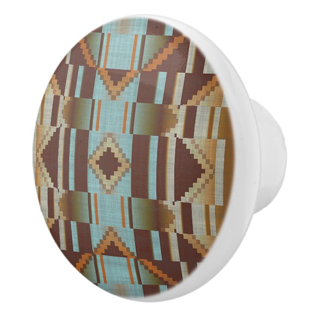 Light Teal Turquoise Blue Orange Brown Tribal Art Ceramic Knob (Right)