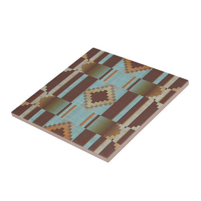 Light Teal Turquoise Blue Orange Brown Tribal Art Ceramic Tile (Side)