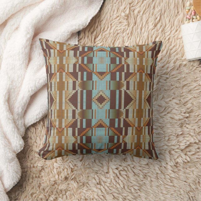 Light Teal Turquoise Blue Orange Brown Tribal Art Throw Pillow (Blanket)