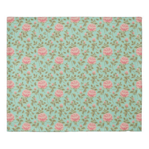 Light Teal Vintage Pink Rose Flowers Duvet Cover