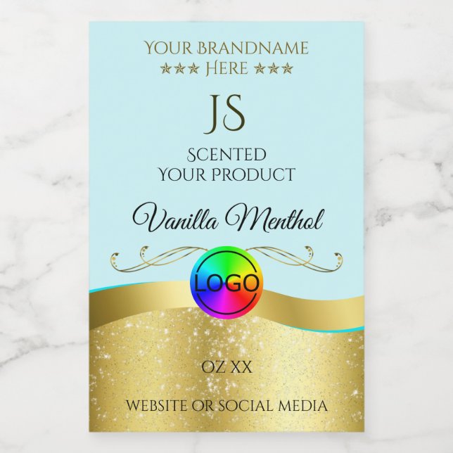 Light Teal Wavy Gold Logo Monogram Product Label (Single Label)