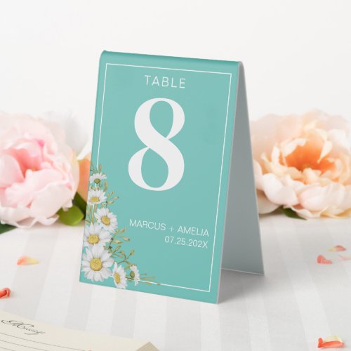 Light Teal  White Daisies Table Number  Table Tent Sign