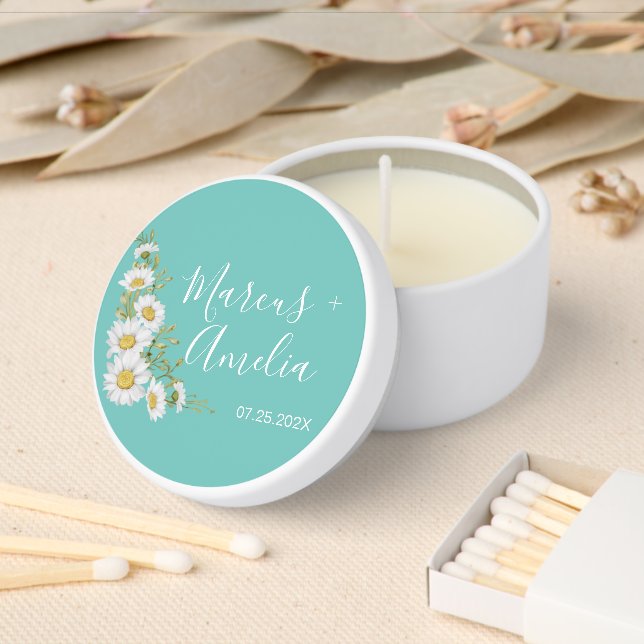 Light Teal & White Daisies Wedding   Mini Candle Favors (Insitu)