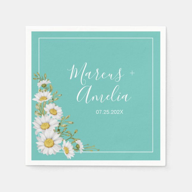 Light Teal & White Daisies Wedding Paper  Napkins (Front)