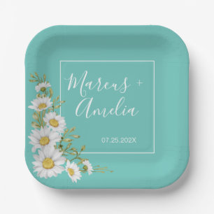 Light Teal & White Daisies Wedding Paper Plates
