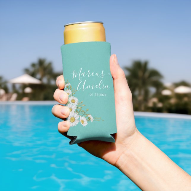 Light Teal & White Daisies Wedding   Seltzer Can Cooler (In Situ Pool)