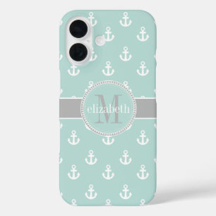 Light Teal White Gray Ship Anchors Monogram iPhone 16 Case
