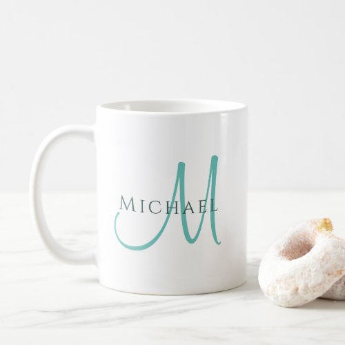Light Teal White Initial Monogram Template Names Coffee Mug
