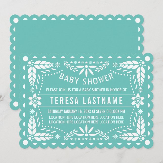 Light teal, white papel picado baby boy shower invitation (Front/Back)