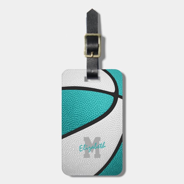light teal white personalized girl's basketball luggage tag (Front Vertical)