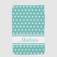 Light Teal White Polka Dot Stripe Script Name Golf Towel