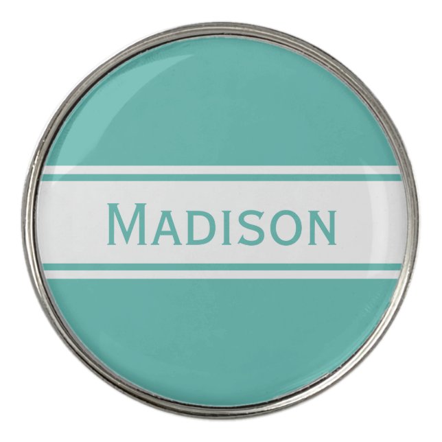 Light Teal White Stripes Modern Name Golf Ball Marker (Front)