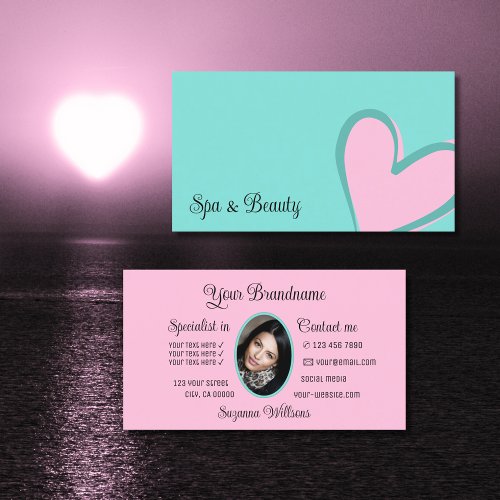 Light Teal with Gorgeous Pink Heart and Photo Cute Business Card