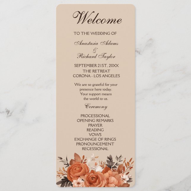 Light Terracotta and Burnt Orange Wedding   Program (Front)