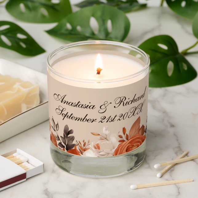 Light Terracotta and Burnt Orange Wedding Scented Candle (Lit)
