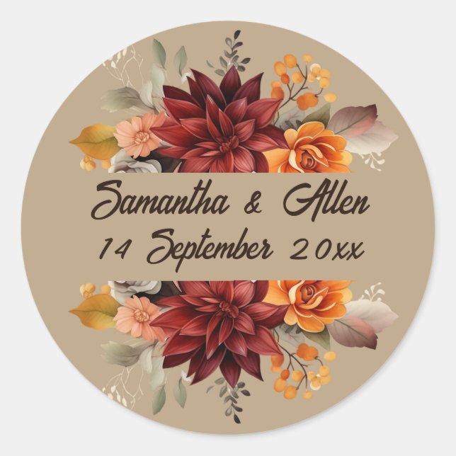 Light Terracotta Fall Floral Wedding Classic Round Sticker (Front)
