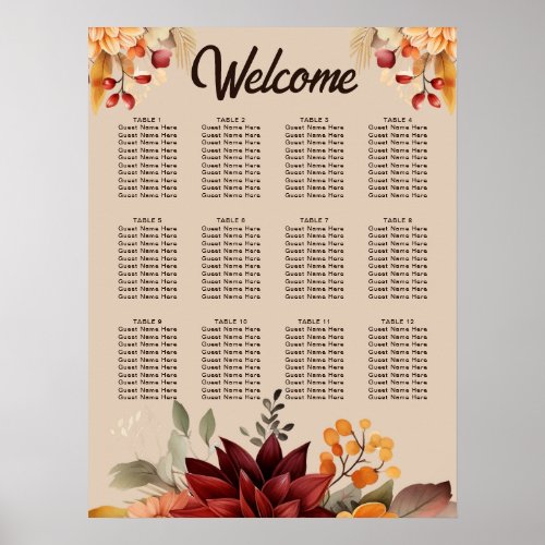 Light Terracotta Fall Floral Wedding Seating Chart