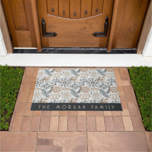 Light Terracotta Gray Botanical Boho Family Name Doormat